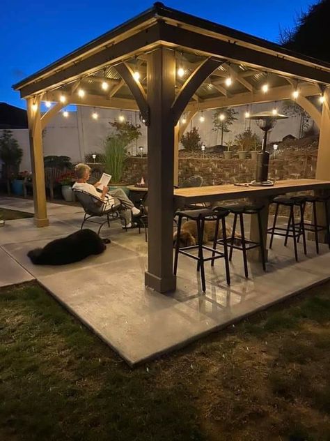 Covered Patio With Bar Seating, Pergola Set Up Ideas, Bar On Pergola, Bar Under Pergola, Gazebo With Bar Counter, Gazebo With Dining Table, Bar Gazebo Outdoor, Pergola With Bar Top, Pergola Patio Bar