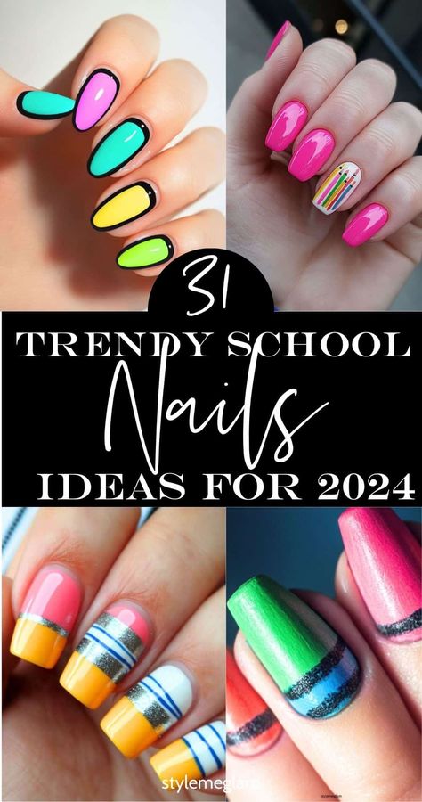 31 Stylish Back to School Nails (Inspo Ideas) Teacher Nails Designs, Trendy Back To School Nails, School Nail Designs, Teacher Nail Art, Nails For Teens, Teacher Nails, Cutest Nails, Colourful Acrylic Nails, Back To School Nails