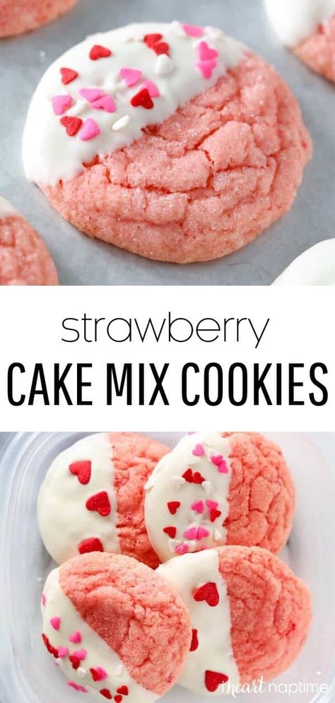 Strawberry Cake Mix Cookies, Valentines Recipes Desserts, Valentines Snacks, Valentines Baking, Strawberry Cake Mix, I Heart Naptime, Strawberry Cookies, Valentine Desserts, Chocolate Dipped Strawberries