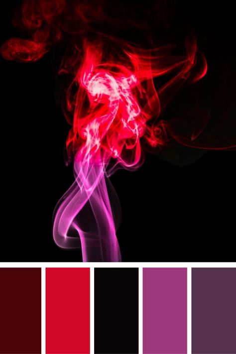 A vivid purple and red color palette with swirling tendrils of smoke in deep red and vibrant magenta, creating a dramatic and ethereal effect against a stark black background. Purple Analogous Color Scheme, Red Purple Color Scheme, Black Red Gold Color Palette, Theatre Color Palette, Red Purple Color Palette, Red And Purple Color Palette, Black And Red Color Palette, Berry Color Palette, Magenta Color Palette