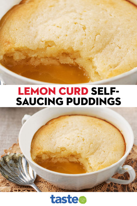 Go to this lemon curd self-saucing pudding for the perfect hot winter dessert. Plum Crisp, Aussie Recipes, Hot Puddings, Self Saucing Pudding, Winter Dessert, Buttered Rum, Aussie Food, Lemon Dessert, Hot Buttered Rum