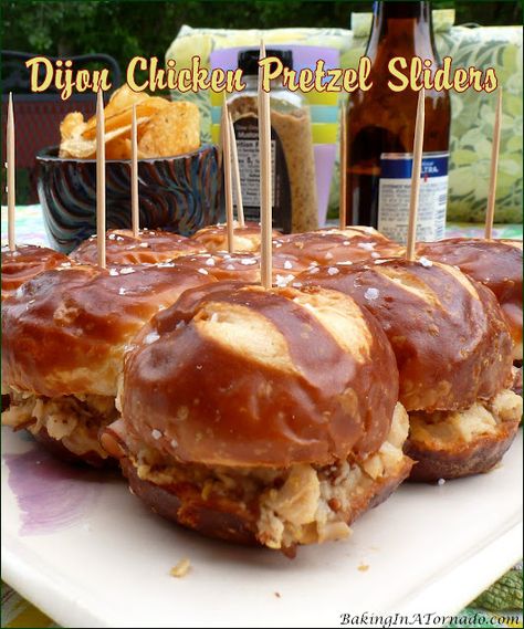 Dijon Chicken Pretzel Sliders by Baking In A Tornado Pretzel Roll Sandwich, Chicken Pretzel, Pretzel Sliders, Tornado Recipe, Pretzel Roll, Dijon Chicken, Work Meals, Slider Recipes, Foodie Friends