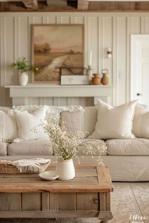 Transform your living room into a comfortable and tasteful haven with bright, modern touches. Discover inspiration and ideas to elevate your space. #LivingRoomDecor #HomeInspiration #ModernLiving #InteriorDesign #ComfortableLiving #TastefulDecor #BrightSpaces Farmhouse Living Room Color Scheme, Neutral Cottage Living Room, Modern Cottage Living Room, Farmhouse Family Room, Living Room Decor Inspiration, Cottage Living Rooms, Cottage Interior, Neutral Living Room, Dream House Interior