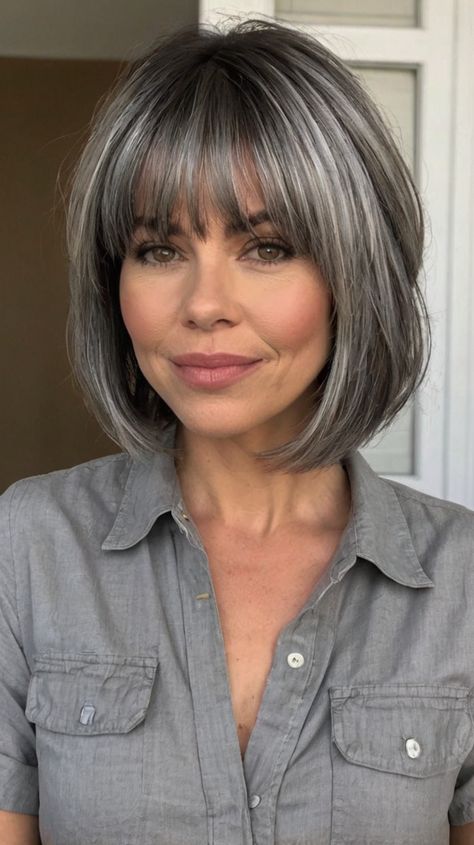 medium length gray hairstyles with bangs Shoulder Length Hair With Bangs Over 50, Grey Lob Haircut, Grey Hair With Bangs, Shoulder Length Hair With Bangs, Haircut Gray Hair, Medium Length Hairdos, Womens Haircuts Medium, Pixie Haircut For Thick Hair, Hair Color Caramel