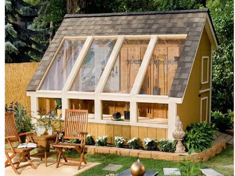 Some neighborhoods and homeowners associations have strict rules about backyard structures and the number you can have. And even if you don't live in a subdivision like that, you may not want a bunch of different structures in your yard. This greenhouse design from Etsy shop Wood Plans is half greenhouse and half shed, combining space for plants, pots and all your tools. And because it's only half a greenhouse, it looks more like a mini accessory dwelling than a glass onion in your backyard. Greenhouse Plans Diy, Serre Diy, Greenhouse Shed Combo, Shed Build, Potting Bench Plans, Garden Shed Diy, Diy Greenhouse Plans, Lean To Greenhouse, Lean To Shed