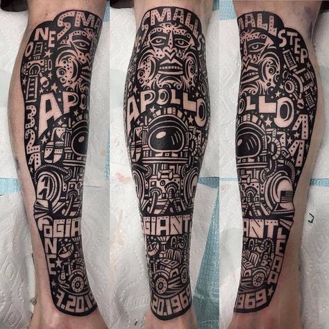 Apollo 11 inspired tattoo by Luciano Calderon UK #tattoos https://t.co/iMpA0XPvCz Please Re-Pin It! Shin Tattoo, Text Tattoo, Bold Lettering, Tattoo Magazines, Apollo 11, Street Culture, Blackwork Tattoo, Human Figure, Unique Tattoos