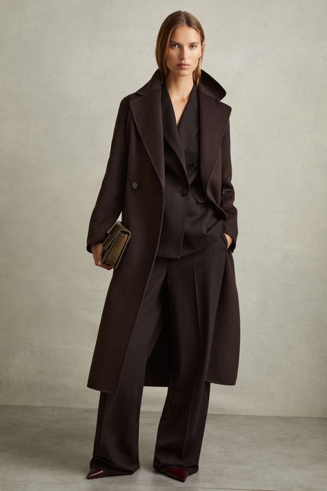 Find REISS Lucia Wool Blend Double Breasted Blindseam Coat on Editorialist. Crafted from a smooth wool blend and arranged in a blindseam construction, this long coat is fitted with oversized lapels and a self-fabric waist belt. This blindseam coat is crafted using double-faced, splitable wool for a supremely soft interior that matches the exterior, removing the need for a lining. Wool blend Self-tie waist belt Vent to reverse Relaxed fit Brown Wool Trench Coat, Oversized Coat, Brown Coat, Wool Blend Coat, Coat Outfits, Double Breasted Coat, Women's Coats & Jackets, Tie Shoes, Outerwear Coats