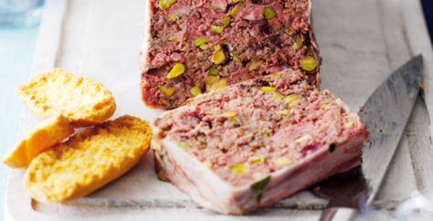 Beef,Juniper and Pistachio Terrine.  beef mince, liver, bacon, Madeira or Port, lemon zest, juniper berries, cranberries and seasoning. Boxing Day Buffet, Boiled Carrots, Pork Terrine, Recipes With Beef, Terrine Recipe, Marinated Pork Chops, Pistachio Recipes, Family On Christmas, Christmas Sides