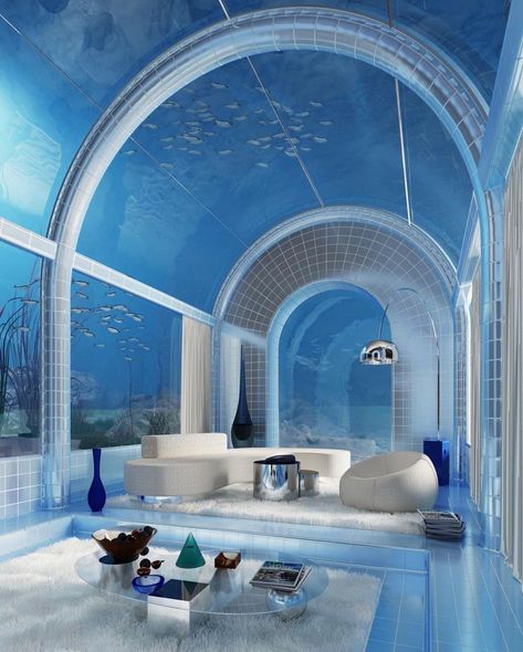 Really nice spaces and places on Instagram: “Underwater Villa 🐟 Part of the Futurism of the Past Series in collaboration between @charlottetaylr @oddinshape @fedor.katcuba…” Underwater Room, Underwater Hotel, Charlotte Taylor, Dreamscape Architecture, Underwater House, Modern House Exterior Colors, Design Del Prodotto, Futurism, By Charlotte