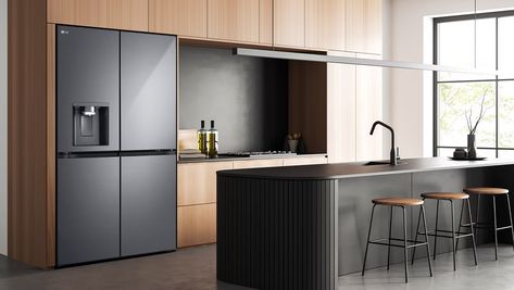 637L French Door Fridge, with Water & Ice Dispenser, in Matte Black Finish - GF-L700MBL | LG NZ Black Fridge Kitchen, Black Fridges, French Door Fridge, Fridge Lg, Fridge Kitchen, Tall Fridge, Home Cinema Projector, Smart Fridge, Fridge Accessories