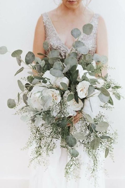 Looking for a wedding colour that refreshing, tender, exquisite and very relaxing? that’s sage wedding color for your wedding! Sage is one of the classical color combos, which... Sage Wedding Ideas, Sage Wedding Bouquet, Sage Wedding Colors, White Flower Bouquet, Cascading Bridal Bouquets, Beach Wedding Colors, Eucalyptus Bouquet, Summer Wedding Bouquets, Blue Wedding Bouquet