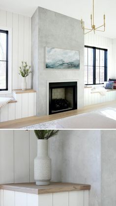 Learn how to create a concrete look using venetian plaster. This technique is great for an accent wall or fireplace. Concrete Texture Fireplace Wall, Concrete Fireplace Wall With Tv, Concrete Fireplace Wood Mantle, Cement Smear Fireplace, Fireplace Cement Look, How To Concrete Fireplace, Plaster Fireplace With Tv Above, Venetian Plaster Interior, Cement And Wood Fireplace