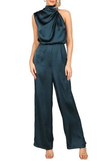 This glamorous satin jumpsuit is designed with soft bodice pleats and a sleek cutaway shoulder. Back keyhole with button-and-loop closure Mock neck Sleeveless Unlined 95% polyester, 5% elastane Hand wash, dry flat Imported Jumpsuits For Women Formal, Semi Formal Wedding Attire, Teal Jumpsuit, Cocktail Jumpsuit, Bridesmaids Jumpsuits, Formal Wedding Attire, Jumpsuit For Wedding Guest, Rehearsal Dinner Outfits, Jumpsuit Outfits