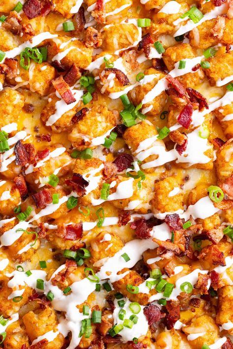 Tater Tot Snacks Appetizers, Tator Tot Loaded, Tater Tot Snacks, Super Bowl Tater Tots, Cheese Sauce For Tater Tots, Grilled Tater Tots, Tater Tot Supreme, Game Day Tater Tots, Tator Tot Dinner Recipes