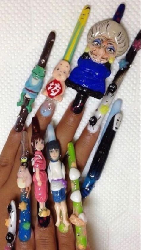 Weird Core Nails, Really Ugly Nails, Ugly Nail Designs, Ugly Nails Weird, Shrek Nails, Cursed Nails, Jimmy Jimmy Coco Puff, Insane Nails, Weird Nails