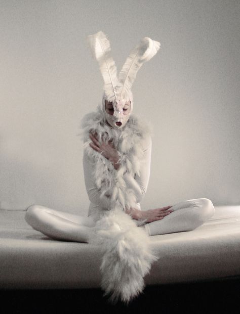 Make mask from Paper mache and use speared ostrich feathers for the ears. Possibly crystals to embellish the face of the mask. White Rabbit, Bed, Wall, White, Design