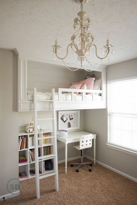 Girls Shared Bedroom, Girls Loft Bed, White Loft Bed, Diy Loft Bed, Shared Girls Bedroom, White Loft, Shared Bedroom, Cute Bedroom Ideas, Kids Bunk Beds