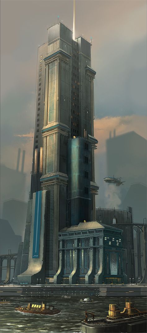 Common Expanse- Amberth- Tower, Christian Piccolo on ArtStation at https://www.artstation.com/artwork/a1A50 Buildings Artwork, Sci Fi Building, Sci Fi Architecture, Futuristic Building, Sci Fi City, Cyberpunk City, Fantasy City, Post Apocalypse, Fantasy Places