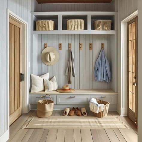 Hallway Entrance Storage, Coastal Farmhouse Mudroom, Light Blue Mudroom, Built In Mudroom Bench With Storage, Hallway Mudroom Narrow, Entryway Built In Bench, Beach Mudroom, Modern Mud Room Ideas, Built In Entryway Storage