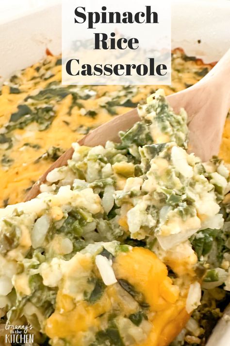 Cheesy Spinach Rice Casserole - Granny's in the Kitchen Cheesy Spinach Rice, Easy Spinach Casserole, Spinach Rice Recipe Easy, Spinach And Rice Recipes, Green Rice Casserole, Spinach Rice Casserole, Cheesy Rice Casserole, Family Side Dishes, Spinach Casserole Recipes