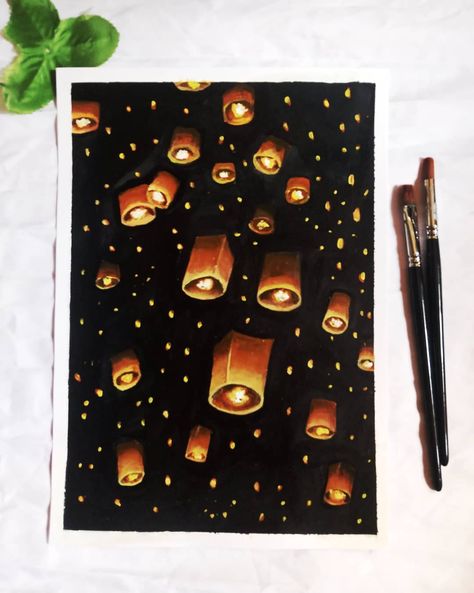 Asthetic Paintings Easy On Paper, Diwali Painting Canvas, Diwali Painting Ideas, Sunrise Art Painting, Diwali Painting, Gouache Illustration, Light Festival, Black Paper Drawing, Sunrise Art