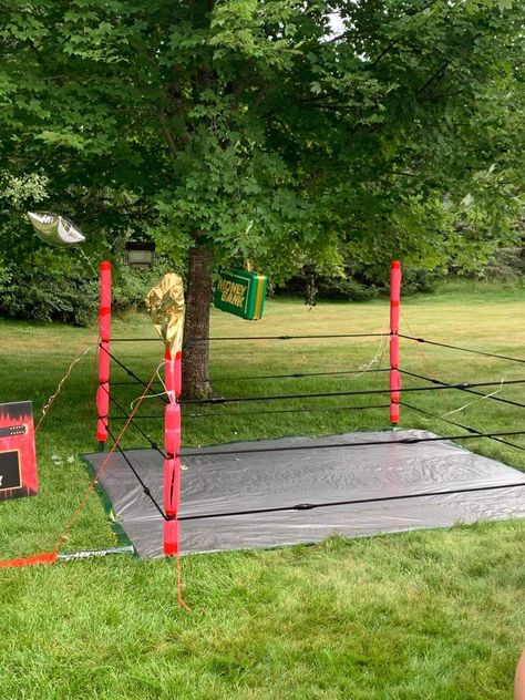 30th Birthday Wrestling, Wrestling Party Decorations, Wwe Birthday Decorations, Wrestlemania Birthday Party, Wwe Wrestling Party Ideas, Wrestling Themed Party, Diy Wwe Birthday Party Ideas, Diy Boxing Ring, Wwe Themed Birthday Party