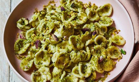 Parmigiano Reggiano Orecchiette Pasta Recipe, Pistachio Pesto Recipe, Orecchiette Pasta Recipes, Orecchiette Recipes, Homemade Pasta Sauce Recipe, Red Pesto, Pistachio Pesto, Green Pesto, Dinner Guests