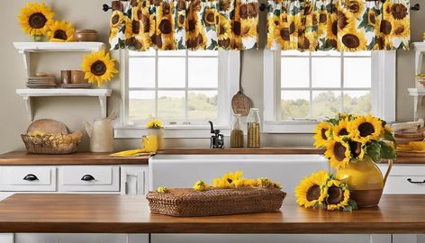 You can beautifully brighten your kitchen with our selection of 10 sunflower decor finds. Imagine starting your day with coffee in a sunflower-themed mug or whipping up breakfast while pot holders dotted with bright blooms protect your hands. Sunflower ceramic canisters can hold your essentials, adding a pop of color and a cheerful ambiance. For a finishing touch, lay a kitchen rug adorned with vibrant sunflowers underfoot, and watch the space transform. These pieces aren't ju... Sunflower Interior Design, Sunflower Kitchen Decor Ideas, Kitchen Flooring Trends, Kitchen Tile Inspiration, Sunflower Ceramic, Rustic Industrial Kitchen, Industrial Chic Kitchen, Ensuite Bathroom Designs, Compact Kitchen Design