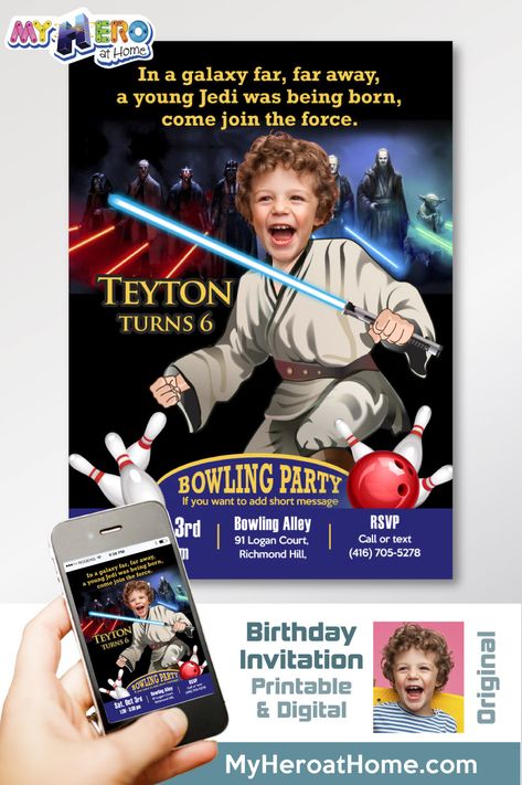 Turn your boy in a Jedi to star his unique Star Wars Bowling Party Invitation. Jedi Bowling Party. Bowling party themed Star Wars. Star Wars Bowling Birthday. Jedi Bowling party Ideas. Jedi themed Bowling Birthday. Star Wars Bowling Party Ideas. #StarWarsBowlingParty #StarWarsBowlingBirthday #JediBowlingParty #JediBirthdayInvitation #StarWarsBowlingBirthdayInvitation #StarWarsParty #JediParty #myheroathome Bowling Party Ideas, Bowling Party Themes, Darth Vader Party, Birthday Star Wars, Bowling Invitations, Bowling Party Invitations, Star Wars Theme Party, Football Invitations, Star Wars Invitations