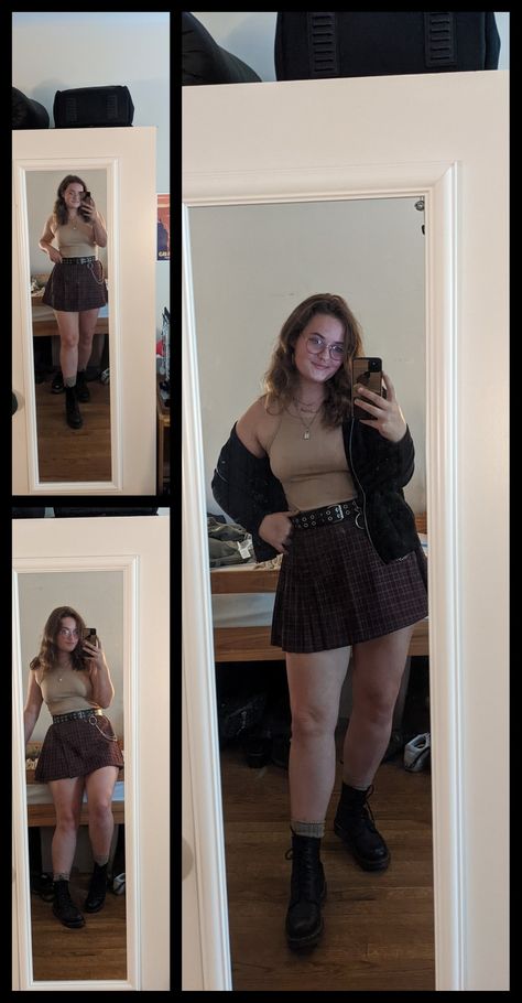 Plaid Skort Outfit, Plaid Skirt Summer Outfit, Dress And Doc Martens Plus Size, Midsize Alt Fashion Summer, Doc Martens Outfit Plus Size, Alt Summer Outfits Midsize, Fall Grunge High Waist Mini Skirt, Black Plaid Skirt Outfit, Midsize Grunge