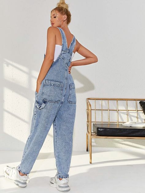 Slant Pocket Denim Overalls Without Tube | SHEIN USA Dungree Styles Dress, Converse Girls, Jumper Pants, Styles Dress, Fitted Jumper, Girls Converse, Denim Dungarees, Denim Overalls, Shein Style