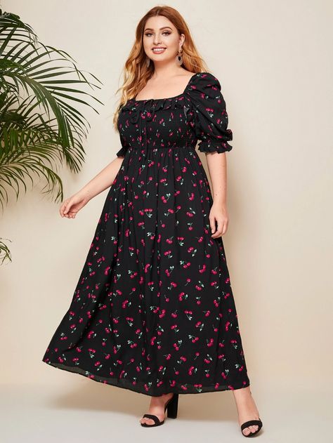 Plus Cherry Print Ruffled Smocked Maxi Dress | SHEIN USA Cherry Print Dress, Sukienki Plus Size, Ruffle Trim Dress, Square Neck Dress, Maxi Robes, Vintage Maxi Dress, Cherry Print, Plus Size Kleidung, Puffed Sleeves Dress