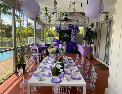 Tea Party / Tea Party "Shades of Purple Tea Party " | Catch My Party Purple Birthday Party Theme, Purple Tea Party, Baby Tea Party, Tea Party Party, Adult Tea Party, Pink Tea Party, Tea Party Tea, Purple Tea, Purple Centerpieces