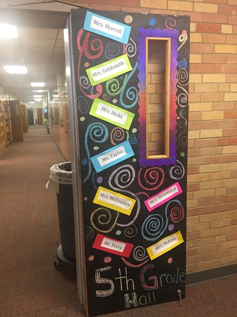 This was for a 5th grade door  leading to classrooms was thinking paisley ‘s did swirls instead.  Was hairsprayed to keep from rubbing off  this is done with chalk and black buther paper. Possibly neon sharpies would work to.   Easy and budget friendly idea Class Door, Classroom Door, 5th Grade, Budget Friendly, Chalkboard, Chalk, Paisley, Neon, Black