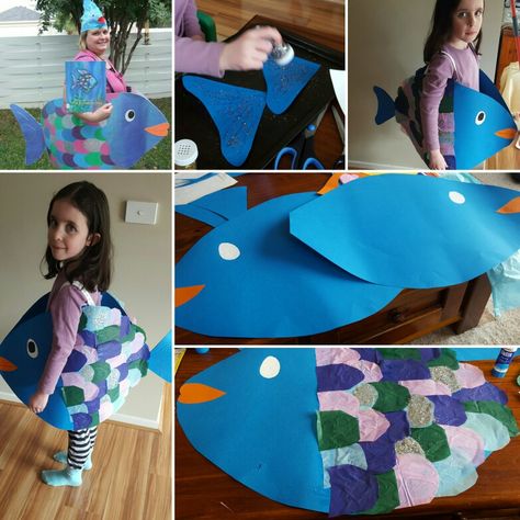 Rainbow fish dress up for book week Fish Fancy Dress, Fish Costume Kids, Diy Fish Costume, Rainbow Fish Costume, Rainbow Fish Book, Kids Book Character Costumes, Funny Fancy Dress, Animal Costumes For Kids, Cardboard Crafts Kids