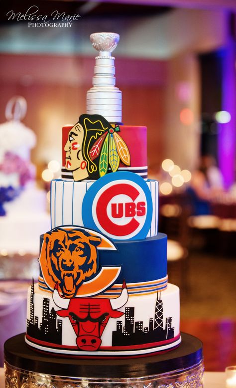 Amy Beck Cake Design - Chicago, IL | Chicago sports teams grooms cake | Melissa Marie Photography http://melissamariephotography.org/ | www.amybeckcakedesign.com | Chicago Bulls, Chicago Blackhawks, Chicago Cubs, Chicago Bears Chicago Cubs Cake, Cubs Cake, Chicago Sports Teams, Sport Cakes, Chicago Sports, Sports Birthday, Cupcake Cake, The Windy City, Grooms Cake