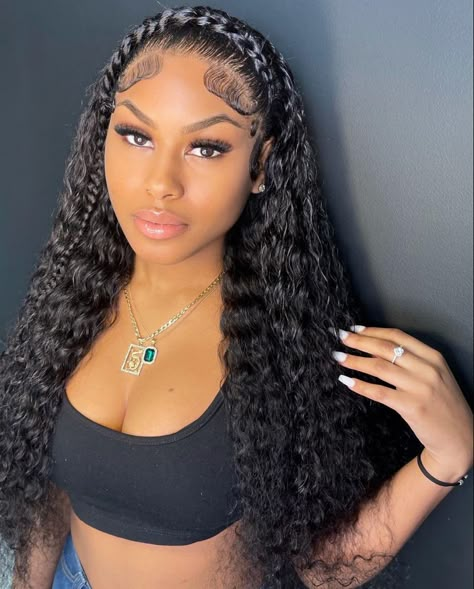 Birthday Hairstyles For Black Women Curly Hair, Braid In The Front Weave In The Back, Sew In With Braids On The Side, Two Braids With Curly Hair In The Back, Sew In And Braids, Braid Front Weave Back, Braid Across Front Of Hair Frontal, 2 Braids With Curly Hair In The Back, Front Braid Hairstyles Black Women