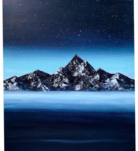 Mountains painting. acrylics on canvas Moon And Mountains Painting, Mountain Background Drawing, Night Mountain Painting, Easy Mountain Painting, Mountain Painting Acrylic, Lights Painting, Monochromatic Painting, Mountains At Night, Mountains Painting