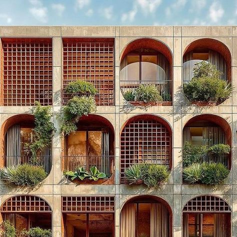 Tiles Facade Architecture, Concrete Balcony, Mediterranean Windows, Facades Design, Vernacular Design, Solar Shading, Urban Design Architecture, Green Facade, Contemporary House Exterior