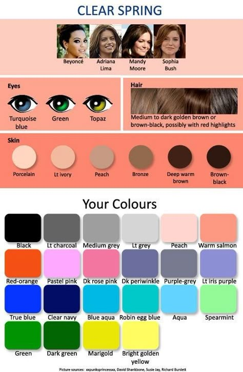 House Of Colour Spring Makeup, Clear Spring Celebrities, Clear Spring Hair Color, Clear Spring Outfits, Clear Spring Color Palette, Makeup For 50 Year Old, Clear Spring Palette, Wardrobe Color Guide, True Spring Colors