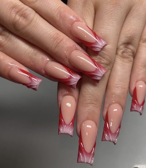 Red And Pink French Tip, Red Ombré Nails, French Tip Nails Red, French Tip Nails Ombre, Pink French Tip Nails, Nails Aura, Red Ombre Nails, Pink French Tip, Ideas Uñas