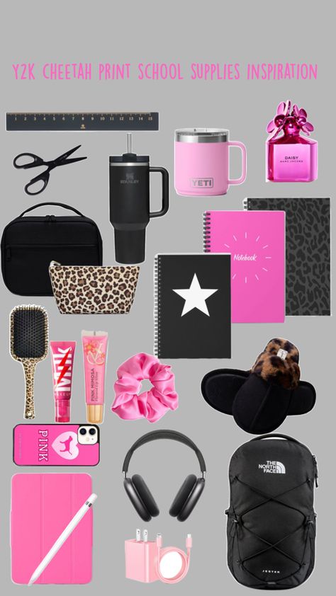 Y2k school supplies inspiration| Y2k dorm room inspiration| early 2000’s dorm room inspiration| early 2000’s school supplies| cheetah print school supplies|cheetah print dorm room| hot pink school supplies|black school supplies,cheetah print stationary black Stanley,pink yeti,cheetah print slippers, hot pink iPad, black north face backpack Marc Jacob’s perfume,early 2000’s PINK,black AirPod max outfit, black AirPod max Y2k School Supplies, Airpod Max Outfit, Black School Supplies, Hot Pink Ipad, Y2k Dorm Room, Pink School Supplies, Black North Face Backpack, School Supplies Black, Black Stanley