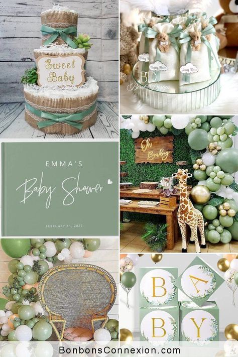 A sage green baby shower decor evokes tranquility and harmony and is subtle enough to be gender neutral. Get inspired by the best stylishly-festive sage green baby shower ideas to enhance you decor at BonbonsConnexion.com Dusty Blue And Sage Green Baby Shower Ideas, Baby Shower Ideas Sage Green, Baby Shower Green Theme, Neutral Color Baby Shower Ideas, Sage Green Baby Shower Ideas, Green Baby Shower Theme, Neutral Baby Shower Themes, Baby Shower Decor Ideas, Shower Decor Ideas