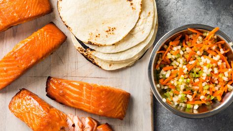 Smoked Fish Tacos | Cook's Country Meal Plan For Dinner, Sweet Slaw, Cooks Country Recipes, Lemon Garlic Salmon, Cooks Country, Salmon Tacos, Seafood Entrees, Cooking Shows, Garlic Salmon