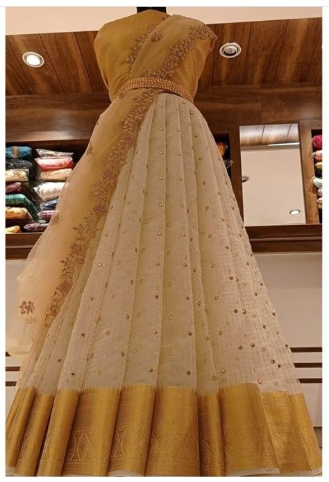 Madhuramveppu Dress Kerala, Golden Half Saree, Cream Half Saree, Davani Half Saree Kerala, Kerala Half Saree Designs, Half Saree Designs Simple, Kalamkari Anarkali, Kerala Engagement Dress, Onam Outfits