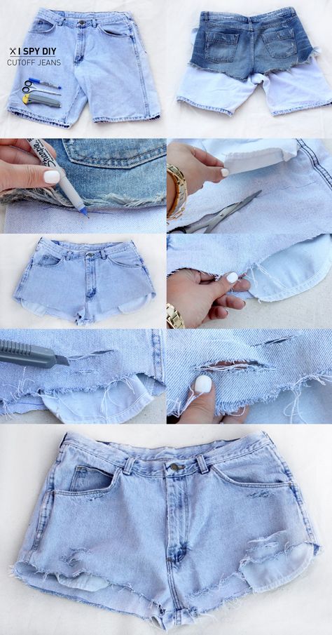 DIY Thrifted Cutoff Denim Jean Shorts with @I Spy DIY Diy Cutoffs, Diy Denim Shorts, Diy Jean Shorts, Refashion Jeans, Make Shorts, Cutoff Jeans, Diy Ripped Jeans, Boyfriend Look, Denim On Denim Looks