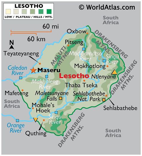 Physical Map of Lesotho Lesotho Map, Lesotho Travel, Mountain Kingdom, Africa Outline, Africa Continent, Country Facts, Physical Map, Landlocked Country, Nice Places