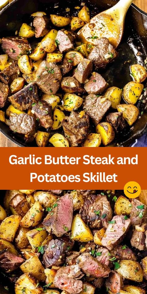 Looking for a delicious and satisfying meal? Try this flavorful Garlic Butter Steak and Potatoes Skillet recipe! With tender strips of juicy steak and golden-brown potatoes seasoned with fragrant garlic butter and herbs, this dish is sure to impress your taste buds. It's perfect for busy weeknights or special occasions when you want something hearty and delicious. Plus, it's easy to make and packed with protein and nutrients. Steak And Potato Skillet Recipes, Garlic Herb Potatoes And Steak Skillet, Steak Potatoes Skillet, Steak And Garlic Potatoes, One Pan Steak And Potatoes, Garlic Butter Steak And Potatoes Skillet, Steak Tips And Potatoes, Skillet Steak And Potatoes, Steak And Potato Bites