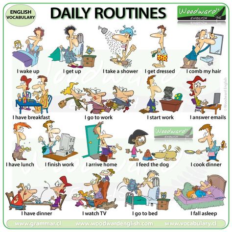 Daily Routines in English | Woodward English All Day Routine, Daily Routine In English, Common English Phrases, Woodward English, Daily Rhythm, Planner Desk, Daily Tracker, Daily Organizer, Daily List