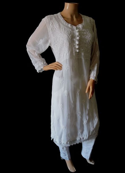 ISHIEQA's White Georgette Chikankari Kurta- MV0305D Chikankari Tops, Suit With Jeans, Kurti With Jeans, White Anarkali, Ethnic Kurti, A Line Kurti, Kurti Style, Trendy Outfits Indian, Cotton Anarkali